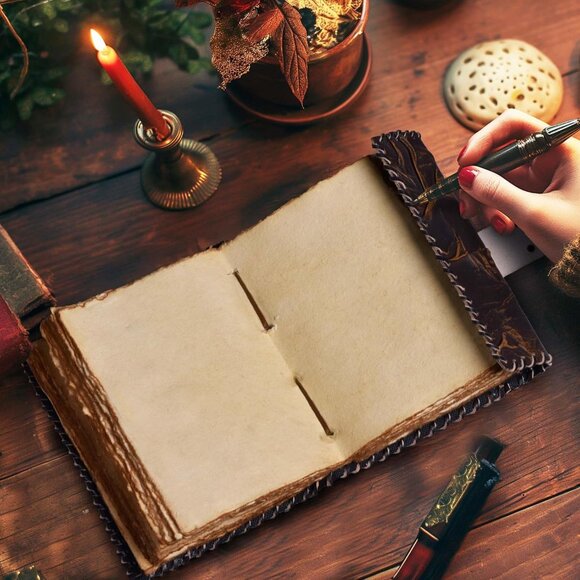 Vintage Spell Book Leather Bound Journal 7”X5” | 200 Pages |Brown| Blank Deckle - Picture 6 of 7